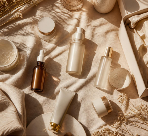Cosmetics and skincare products arranged on fabric